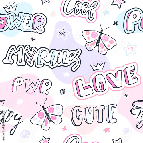 Girlish fashion sketch seamless pattern with butterfly, stickers, lettering, stars, crown.