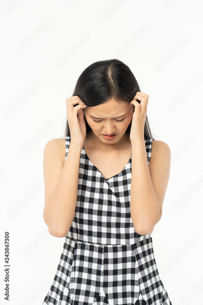 Business asian woman isolated on white. Young beautiful arab woman over isolated background .Unhappy stress serious woman. Business asian woman isolated on white. Young beautiful arab woman over isolated background .Unhappy stress serious woman.