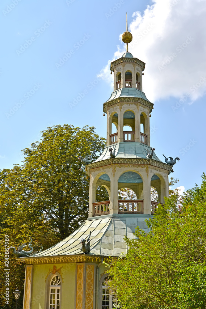 POTSDAM, GERMANY. A lodge with dragons in the park of San Sushi POTSDAM, GERMANY. A lodge with dragons in the park of San Sushi