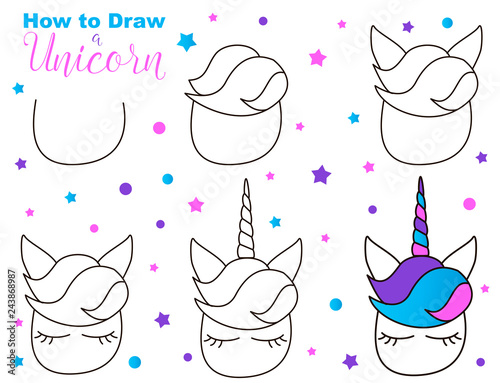 How to draw cute unicorn. Easy steps for children activity. Kawaii creature with eyes and lushes. Vector illustration