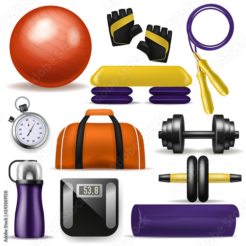 Fitness equipment vector bodybuilding dumpbell fitball and step board for sport exercises in gym illustration set of fit mat sportive bottle and workout jump rope isolated on white background