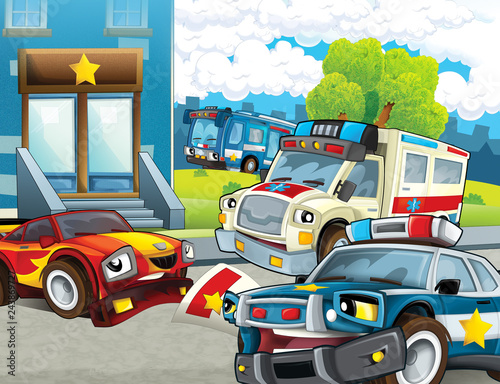 cartoon scene with police chase motorcycle car and bus driving through the city policeman near police station and ambulance - illustration for children