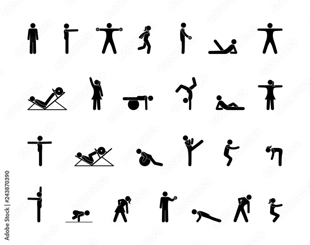 Sports shells set of icons. Stick figure people in the gym. Pictogram man bodybuilder. Barbell, fitball and simulators illustration. Sports shells set of icons. Stick figure people in the gym. Pictogram man bodybuilder. Barbell, fitball and simulators illustration.