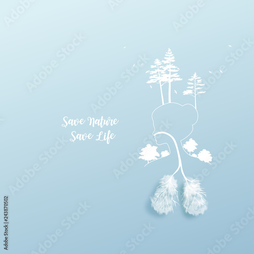 Woman breathing in a natural and healthy environment background. Her lungs and her head are branches of a tree with flying birds, Healthy life concept.