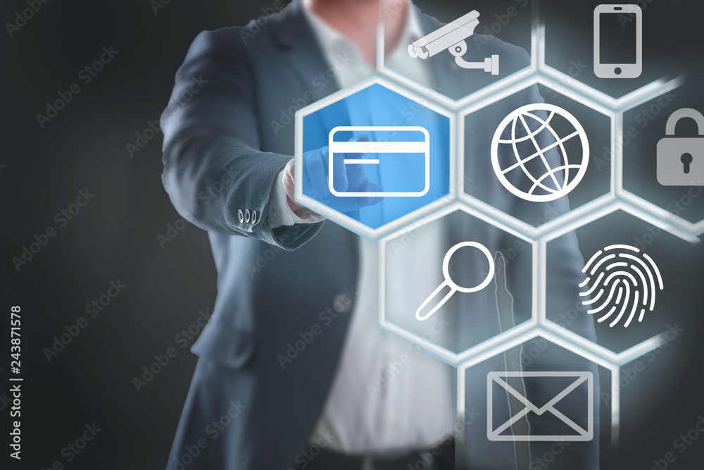 business man pressing virtual button with card icon business man pressing virtual button with card icon