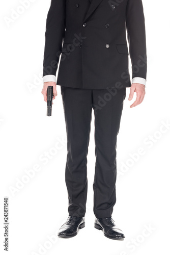 cropped view of killer in black suit holding handgun, isolated on white © LIGHTFIELD STUDIOS