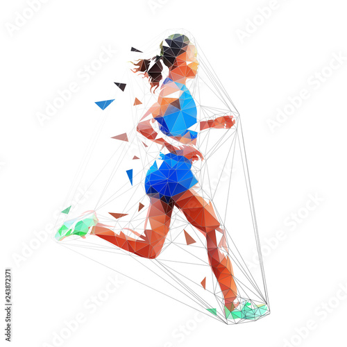 Running woman  isolated low poly vector illustration. Marathon run