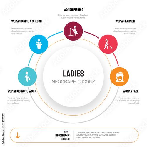 Abstract infographics of ladies template. Woman Going To Work, Giving a Speech, Fishing icons can be used for workflow layout, diagram, business step options, banner, web design.
