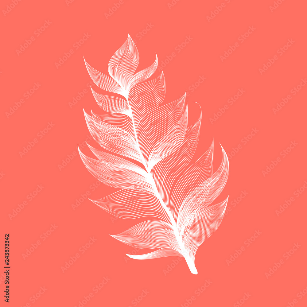 Isolated falling Living Coral color fluffy feather in realistic style. Lightweight Furry Fuzz Icon Design. Vector Graphic Bird Wing Element