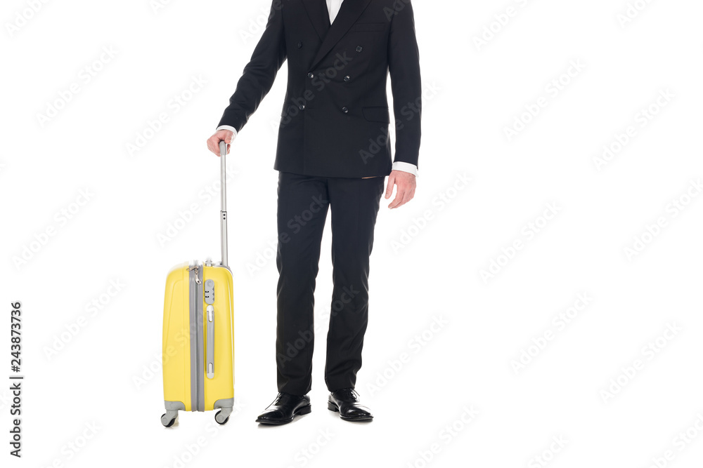 cropped view of man in black tuxedo posing with travel bag isolated on white
