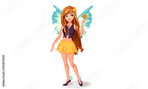Blue wings fairy standing pose vector