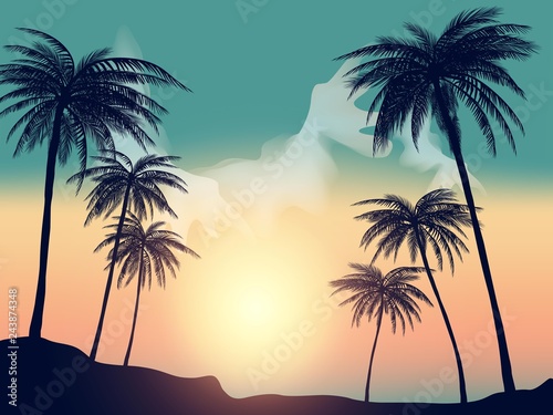 Summer tropical backgrounds with palms, sky and sunset. © evrimdoga