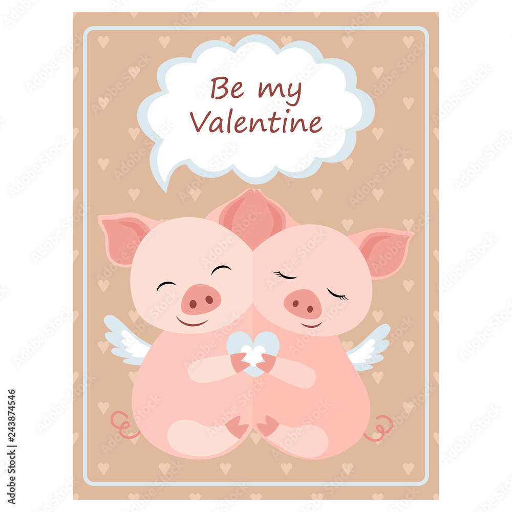 Valentine's day greeting vintage card. Hugging Piggy Vector illustration