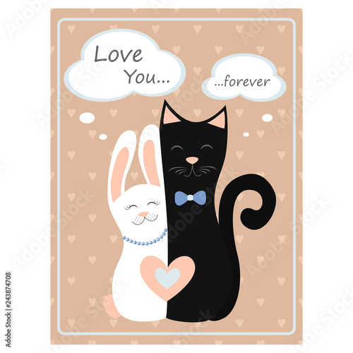Valentine's day greeting vintage card. Love cat and bunny Vector illustration © Marta Sher