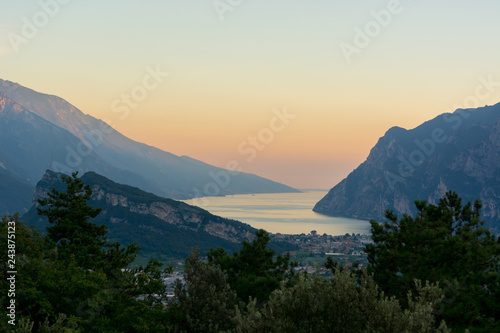 Panoramic view of a town at lake shore during the evening light.