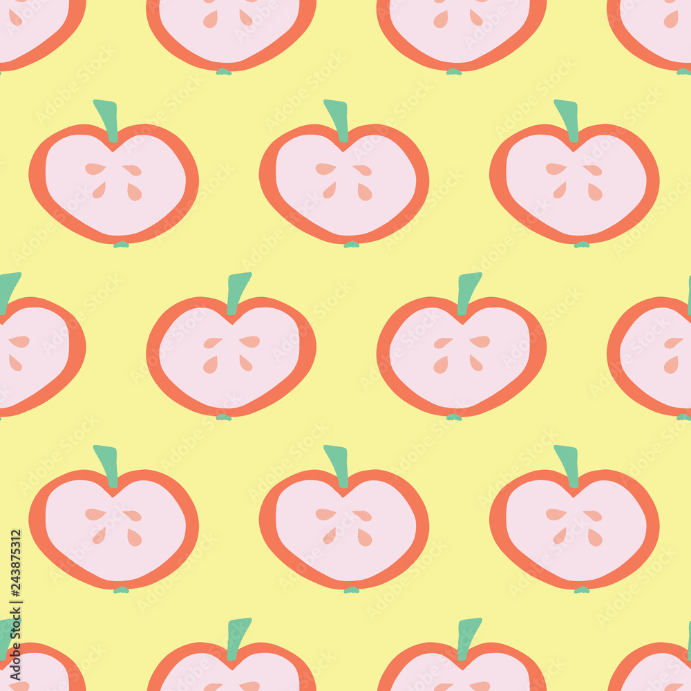 Apple slice pattern. Vector seamless background with illustrated fruits isolated on yellow. Food illustration. Use for card, menu cover, web pages, page fill, packaging, farmers market, summer fabric. Apple slice pattern. Vector seamless background with illustrated fruits isolated on yellow. Food illustration. Use for card, menu cover, web pages, page fill, packaging, farmers market, summer fabric.
