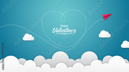 Banner illustration love romance feminine with paper plane hearth line. paper cut craft style. Vector illustration
