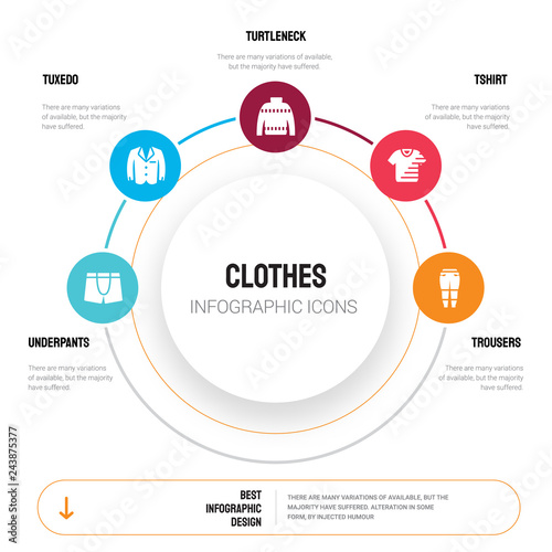 Abstract infographics of clothes template. Underpants, Tuxedo, Turtleneck, Tshirt, Trousers icons can be used for workflow layout, diagram, business step options, banner, web design.