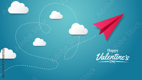 Banner illustration love romance feminine with paper plane hearth line. paper cut craft style. Vector illustration