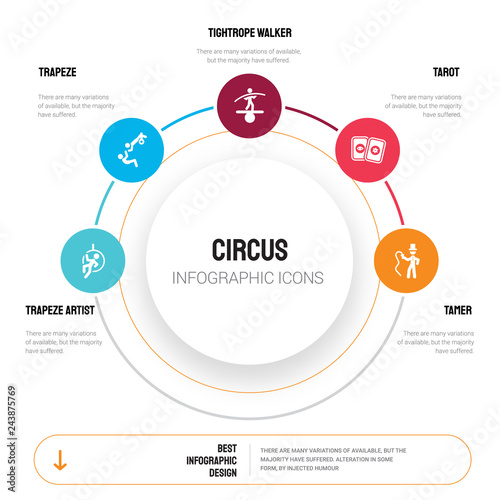 Abstract infographics of circus template. Trapeze artist, trapeze, Tightrope walker, Tarot, Tamer icons can be used for workflow layout, diagram, business step options, banner, web design.