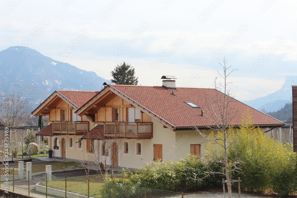 Merano, Italy - 03 20 2013: View of the streets of Merano in winter. traditional wooden houses