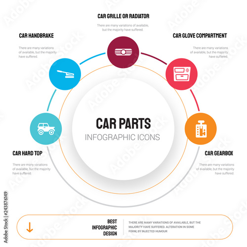 Abstract infographics of car parts template. hard top, handbrake, grille or radiator icons can be used for workflow layout, diagram, business step options, banner, web design.