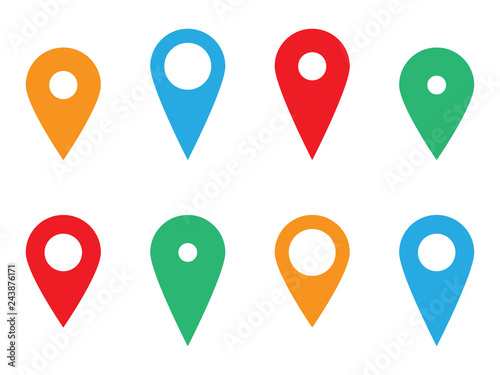 Map pin icon set, pointer symbol, location marker sign, color isolated on white background, vector illustration.