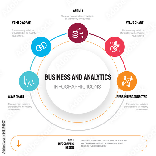 Abstract infographics of business and analytics template. Wave chart, Venn diagram, Variety, Value Chart icons can be used for workflow layout, step options, banner, web design.