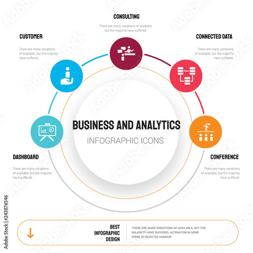 Abstract infographics of business and analytics template. Dashboard, Customer, Consulting, Connected data icons can be used for workflow layout, diagram, step options, banner, web design.