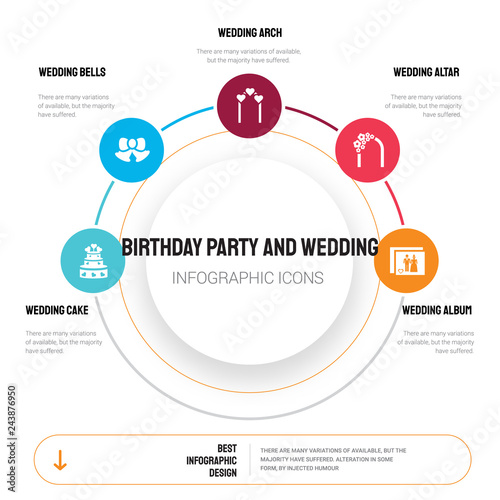 Abstract infographics of birthday party and wedding template. Wedding cake, Bells, arch icons can be used for workflow layout, diagram, business step options, banner, web design.