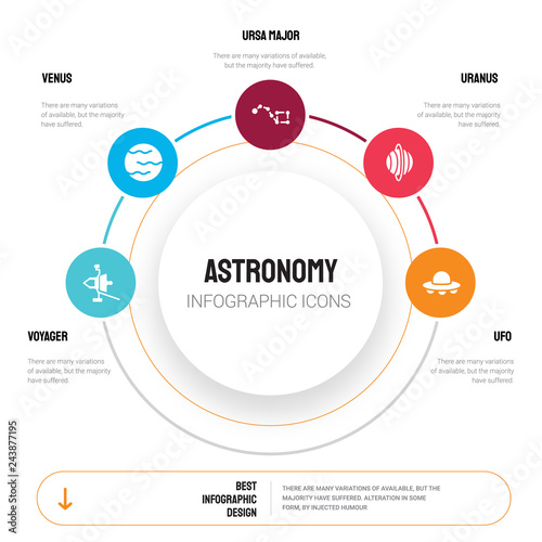 Abstract infographics of astronomy template. Voyager, Venus, Ursa major, Uranus, UFO icons can be used for workflow layout, diagram, business step options, banner, web design.
