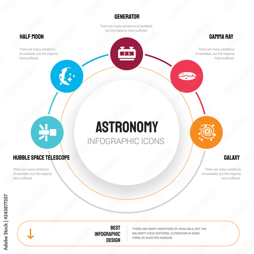 Abstract infographics of astronomy template. Hubble space telescope, Half  moon, Generator, Gamma ray, Galaxy icons can be used for workflow layout,  diagram, business step options, banner, web design. Stock Vector | Adobe