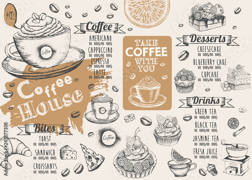 Coffee house menu. Restaurant cafe menu, template design. Food flyer.