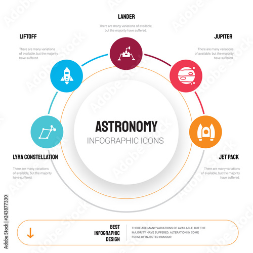 Abstract infographics of astronomy template. Lyra Constellation, Liftoff, Lander, Jupiter, Jet pack icons can be used for workflow layout, diagram, business step options, banner, web design.