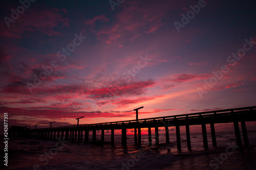 Bridge in sunset at Mae Ramphueng Beach Rayong Province Thailand