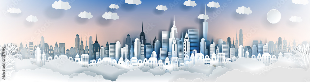 City landscape template. Paper city landscape. Downtown landscape with high skyscrapers. Panorama architecture Goverment buildings. Urban life Vector illustration. Origami and travel concept,paper art