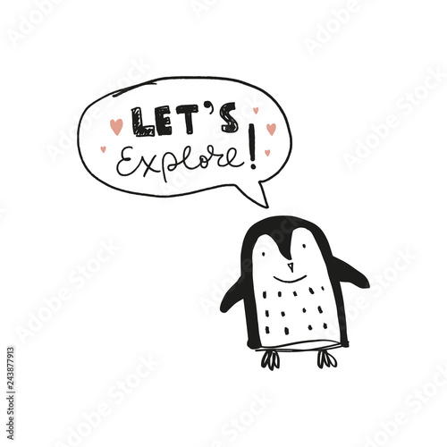 Vecor cute hand drawn nursery poster and postcard with funny penguin animal
