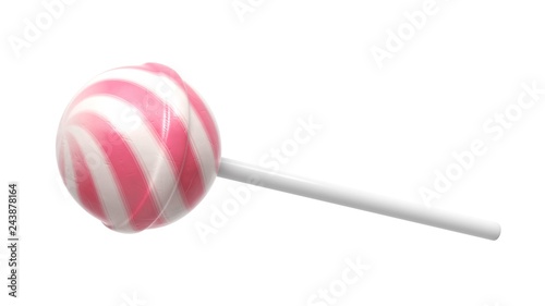 Fotografiet Striped fruit pink and white lollipop on stick isolated on white background