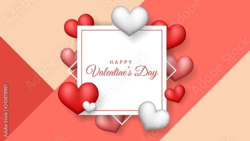 Valentine's Day frame banner with white, pink and red hearts, and white frame. Horizontal banner for February 14th, design for greeting card or template