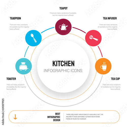 Abstract infographics of kitchen template. Toaster, teaspoon, teapot, tea infuser, Tea cup icons can be used for workflow layout, diagram, business step options, banner, web design.