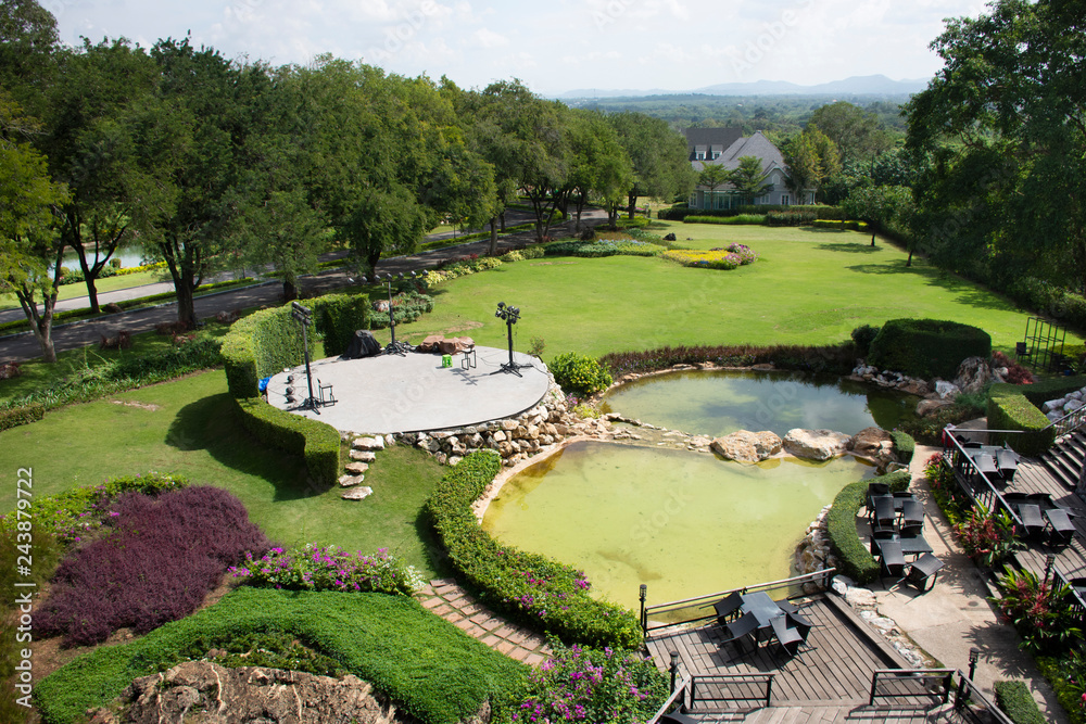View landscape of luxury and modern garden at Khao Yai in Nakhon Ratchasima, Thailand