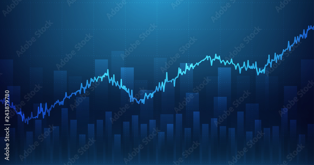 Widescreen Abstract financial graph with uptrend line and bar chart of stock market on blue color background Widescreen Abstract financial graph with uptrend line and bar chart of stock market on blue color background