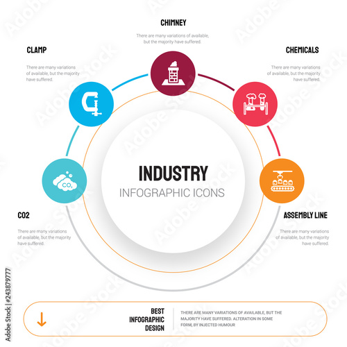 Abstract infographics of industry template. Co2, Clamp, Chimney, Chemicals, Assembly line icons can be used for workflow layout, diagram, business step options, banner, web design.