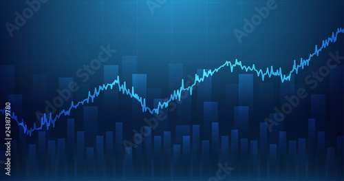Widescreen Abstract financial graph with uptrend line and bar chart of stock market on blue color background