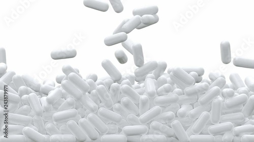 White pills are falling down and filling the screen UHD 3D animation with alpha matte