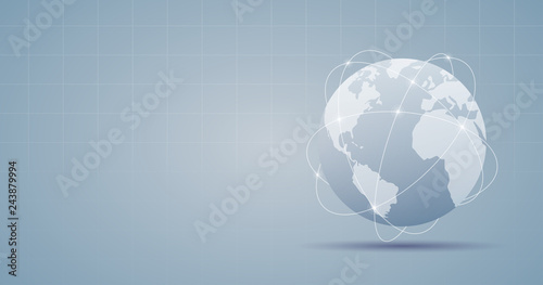Widescreen Abstract technology background with internet connection globe on grey color background