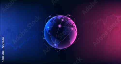 Widescreen Abstract financial graph with candlestick chart in stock market and globe on purple and blue color background