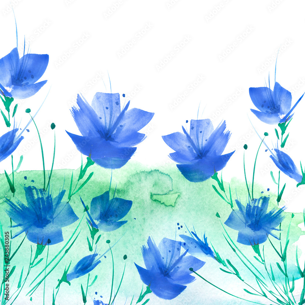 Watercolor painting. A bouquet of flowers of Blue poppies, wildflowers on a white isolated background. Hand drawn watercolor floral illustration, logo. Abstract green, blue splash of watercolor paint Watercolor painting. A bouquet of flowers of Blue poppies, wildflowers on a white isolated background. Hand drawn watercolor floral illustration, logo. Abstract green, blue splash of watercolor paint