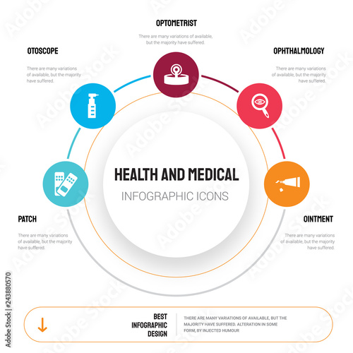 Abstract infographics of health and medical template. Patch, Otoscope, Optometrist, Ophthalmology, Ointment icons can be used for workflow layout, diagram, business step options, banner, web design.