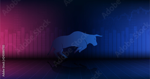 Widescreen Abstract financial chart with uptrend line graph and bull go up in stock market on red and blue color background